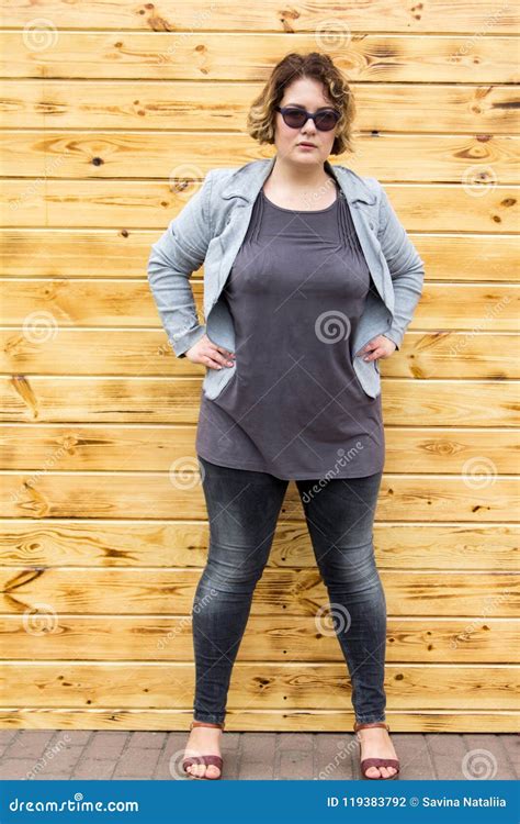 Xxl Plus Size Woman Portrait City Street Casual Style Stock Photo