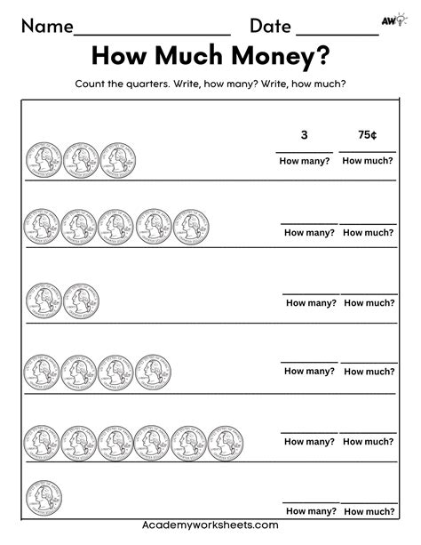 Counting Quarters Worksheet - Learn the Value of Coins - Academy Worksheets