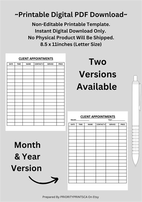 Client Appointment Tracker Log Sheets Printable Us Letter Size Digital