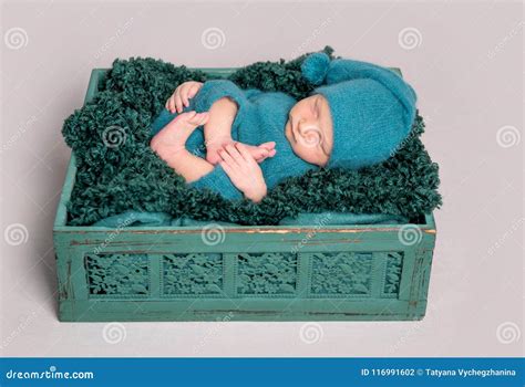 Newborn Baby Lying In Wooden Crate Stock Photo Image Of Calm Napping