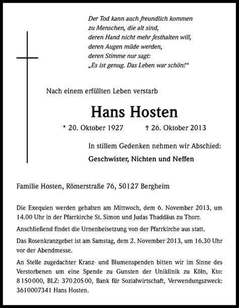 Traueranzeigen Von Hans Hosten WirTrauern