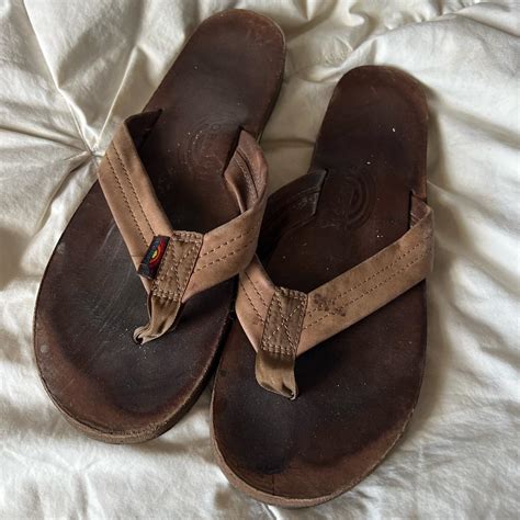 Rainbow men’s brown leather flip flops. Worn in.... - Depop