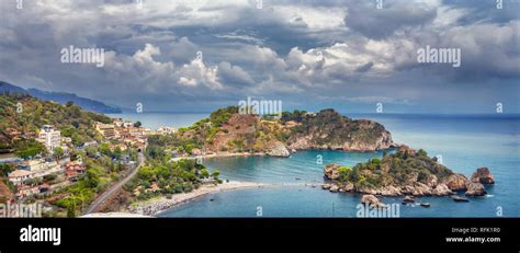 Panoramic View Of Waterfront And Famous Island And Beach Isola Bella