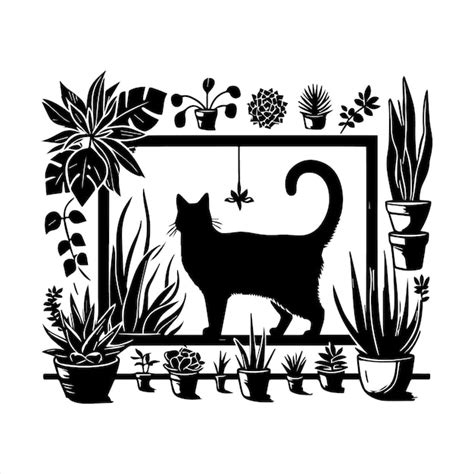 Una Imagen En Blanco Y Negro De Un Gato Y Plantas Vector Premium