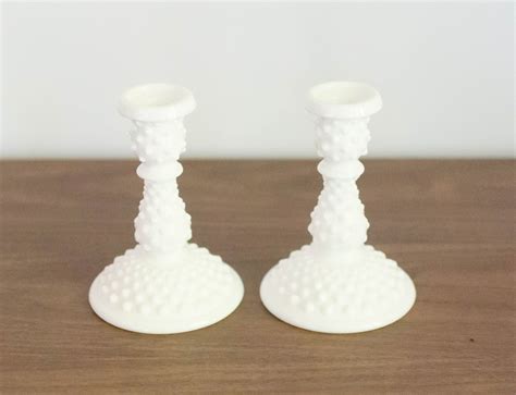 Vintage Fenton White Milk Glass Hobnail Candle Holders Set Of Etsy White Milk Glass Vintage