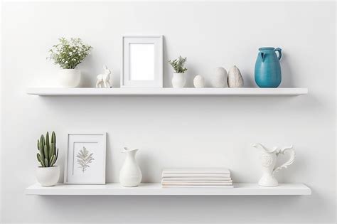 Premium Photo | White shelf with decoration objects and blank white ...