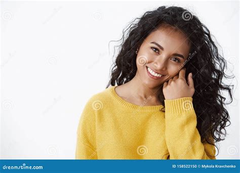 Close Up Attractive Curly Haired African American Woman Feeling Happy