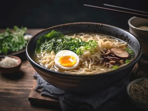 Sopa De Ramen Con Fideos Leek Nori Shiitake Seta Huevo Suave Y Pollo