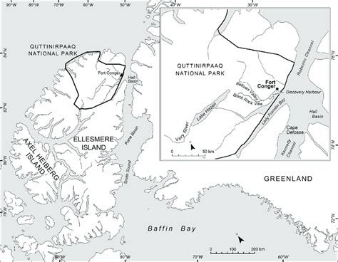 Map showing location of Fort Conger within Quttinirpaaq National Park... | Download Scientific ...