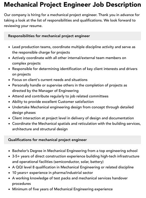 Mechanical Project Engineer Job Description Velvet Jobs