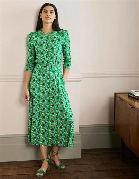 Puff Sleeve Jersey Midi Dress Rich Emerald Elegant Bloom Boden EU