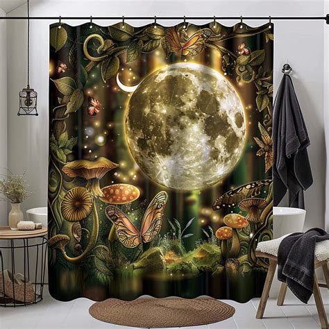 Hyper Realistic Butterfly And Moon Forest Shower Curtain With Mushrooms