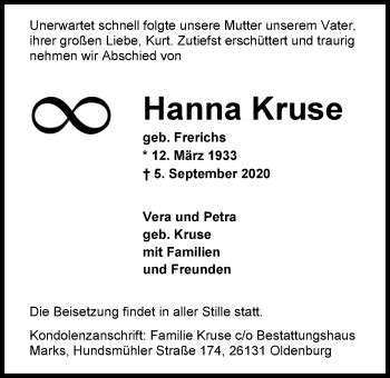 Traueranzeigen Von Hanna Kruse Nordwest Trauer De