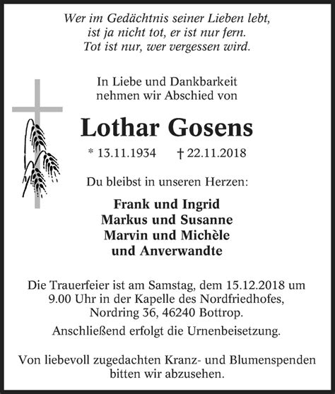 Traueranzeigen Von Lothar Gosens Trauer In Nrw De