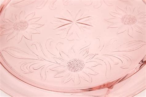 Vintage Pink Depression Glass Cake Plate Jeannette Sunflower Pattern