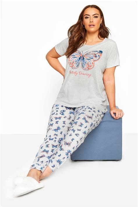 Grey Butterfly Print Pyjama Set Plus Size 16 To 36 Yours Clothing