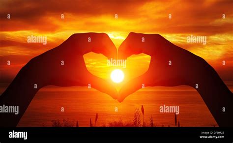 Heart shaped female hands silhouette with sunset background Stock Photo ...