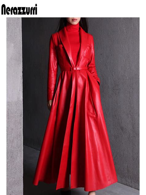 Nerazzurri High Quality Red Black Maxi Pu Leather Trench Coat For Women Extra Long Skirted