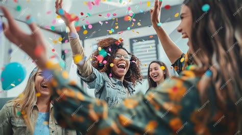 Premium Photo | Group of excited business people celebrating and toasting with confetti falling ...