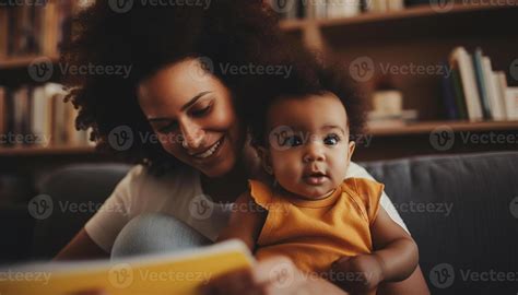 Mother And Son Bonding Over Book In Cozy Living Room Generated By Ai