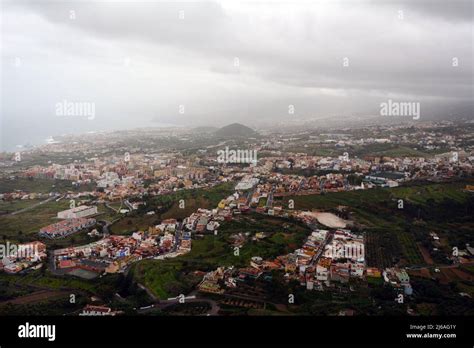 An aerial image of town of Los Realejos on the north coast of the Spanish island of Tenerife ...