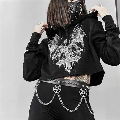 Schwarzer Goth Hoodie Harajuku Demon Print Gothic Hoodies Frauen