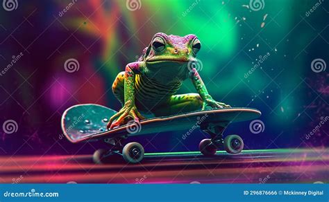 Frog Riding On Skateboard Created Using Ai Generative Stock