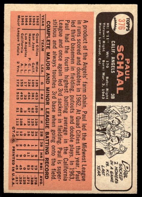 1966 TOPPS PAUL SCHAAL 376 VG EX ALL STAR RC BASEBALL CALIFORNIA ANGELS