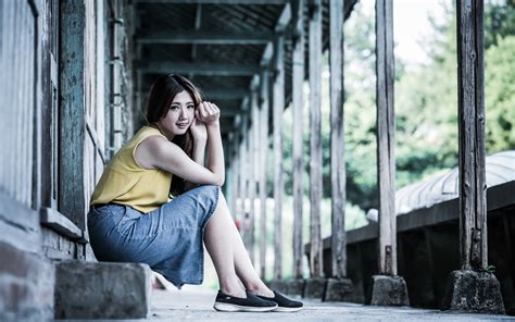 Photos Skirt Bokeh Young Woman Asian Sitting 3840x2400