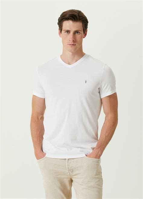 AllSaints Tonic Beyaz V Yaka Logo Nakışlı T shirt Beyaz