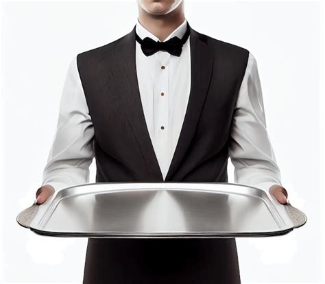 Premium Photo Waiter Holding Empty Silver Tray Created With Generative Ai