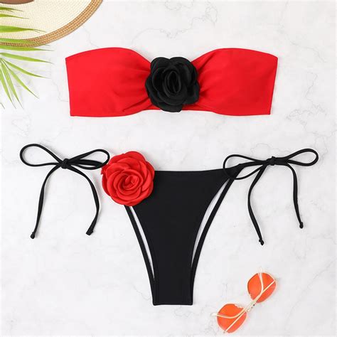 Womens Pieces Swimsuit D Flower Bandeau Bikini Tie Side Triangle