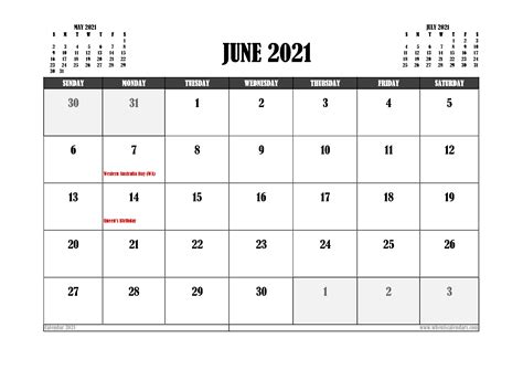 Free Printable June Calendar Australia