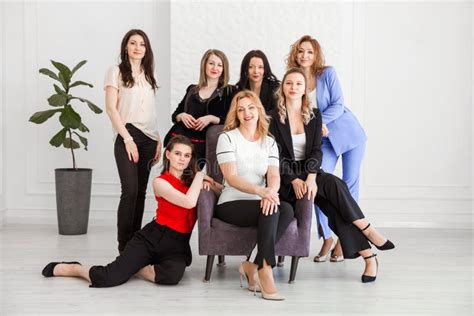 Happy Women Work Team Employees Group Looking At Camera Posing In