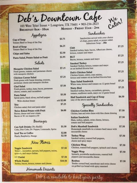 Menu at Deb's Downtown Cafe, Longview