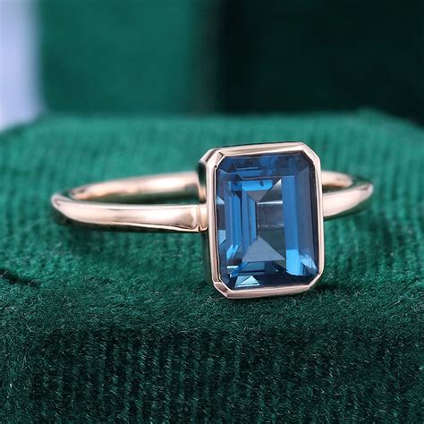 Emerald Cut London Blue Topaz Promise Ring Bezel Solitaire Engagement Ring Mollyjewelryus