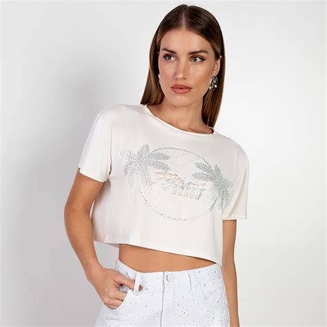 Blusa T Shirt Cropped Solta Off White Flor De Lis Pole Modas