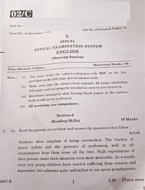 PSEB Class 10 English Question Paper 2024 PDF With Answer Key