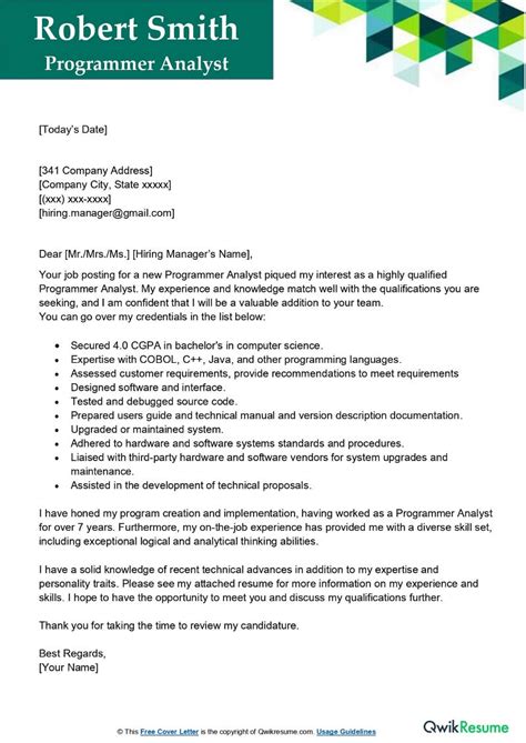 Programmer Analyst Cover Letter Examples Qwikresume