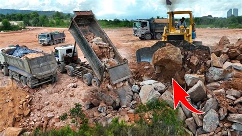 Impressive Nice Development Area By Dozer Pushing Big Stone With Dump