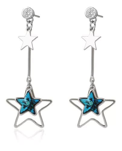 Aretes Oro 14k Lam Estrella Swarovski Azul Mujer Regalo