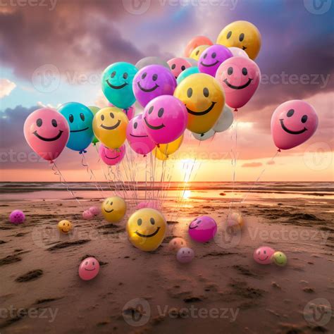 Balloons With Smiley Faces Are Flying In The Air On The Beach