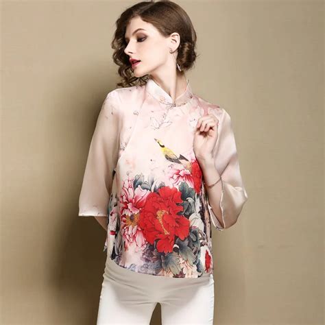 2018 Chinese Style Print Blouse Women High Quality Pretty Three Quarter