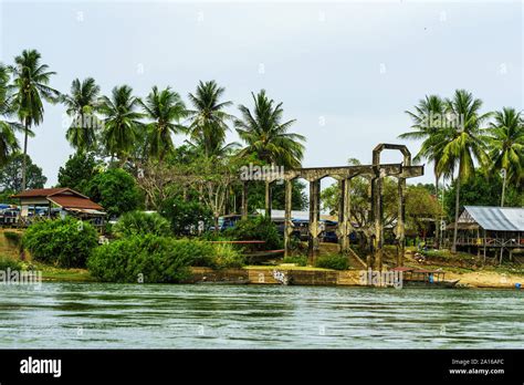 Bridge of railway at Don Khon in 4000 islands, Champasak, Laos. The remains of the first railway ...