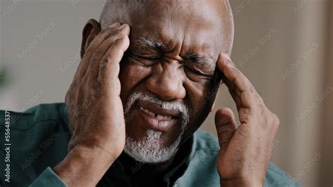 Close Up Face Sad Elderly African American Man Feeling Headache Chronic