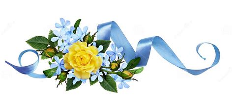 Yellow Roses And Blue Small Flowers With Silk Ribbon In A Floral