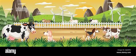 Outdoor panorama scene with farm animals illustration Stock Vector ...