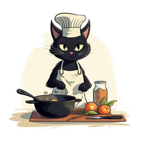 Premium Photo Cartoon Black Cat In Chefs Hat Preparing Food In A Pan