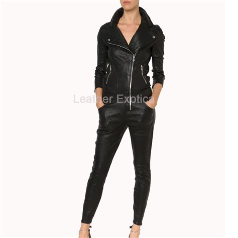 Crinkled Women Motorcycle Style Wrinkle Leather Jumpsuit