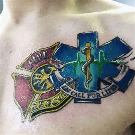 Fire Rescue With Star Of Life Guys Ems Upper Chest Tattoos Feather